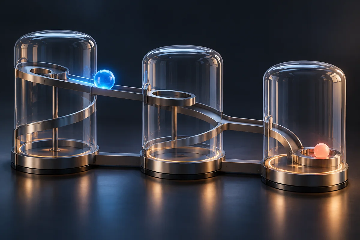 Tre sammenkoblede glasskamre som illustrerer en prosess.