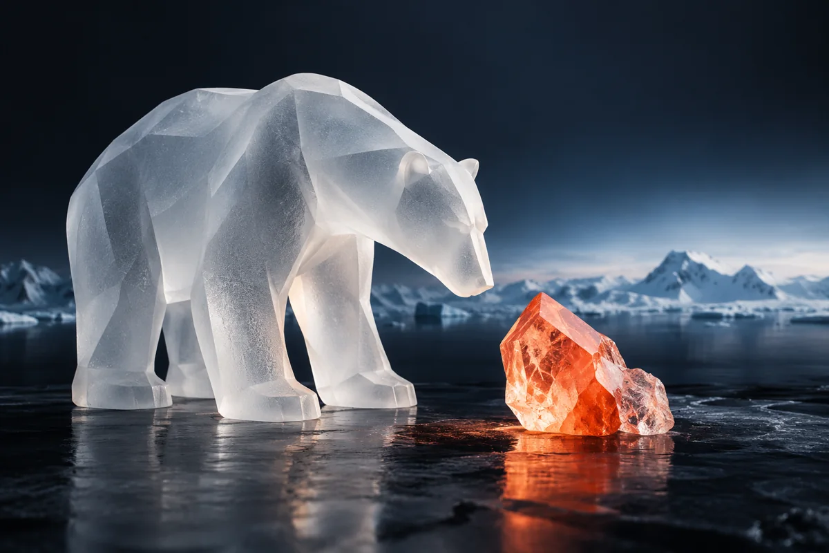 Isbjørninspirert skulptur i frostet glass med oransje krystall.