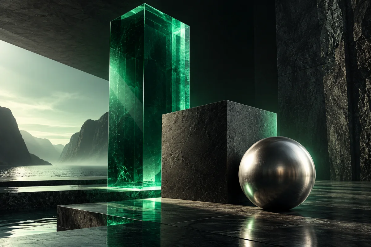 Grønn glassmonolitt med geometriske metall- og steinformer.