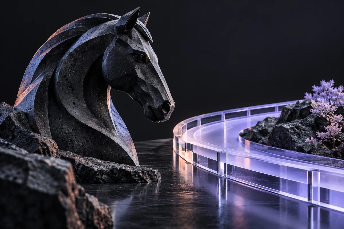 En stilisert hest og en oval bane