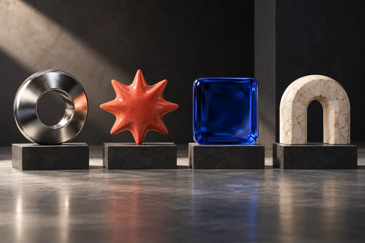 Abstrakte symboler i glass, metall og keramikk.