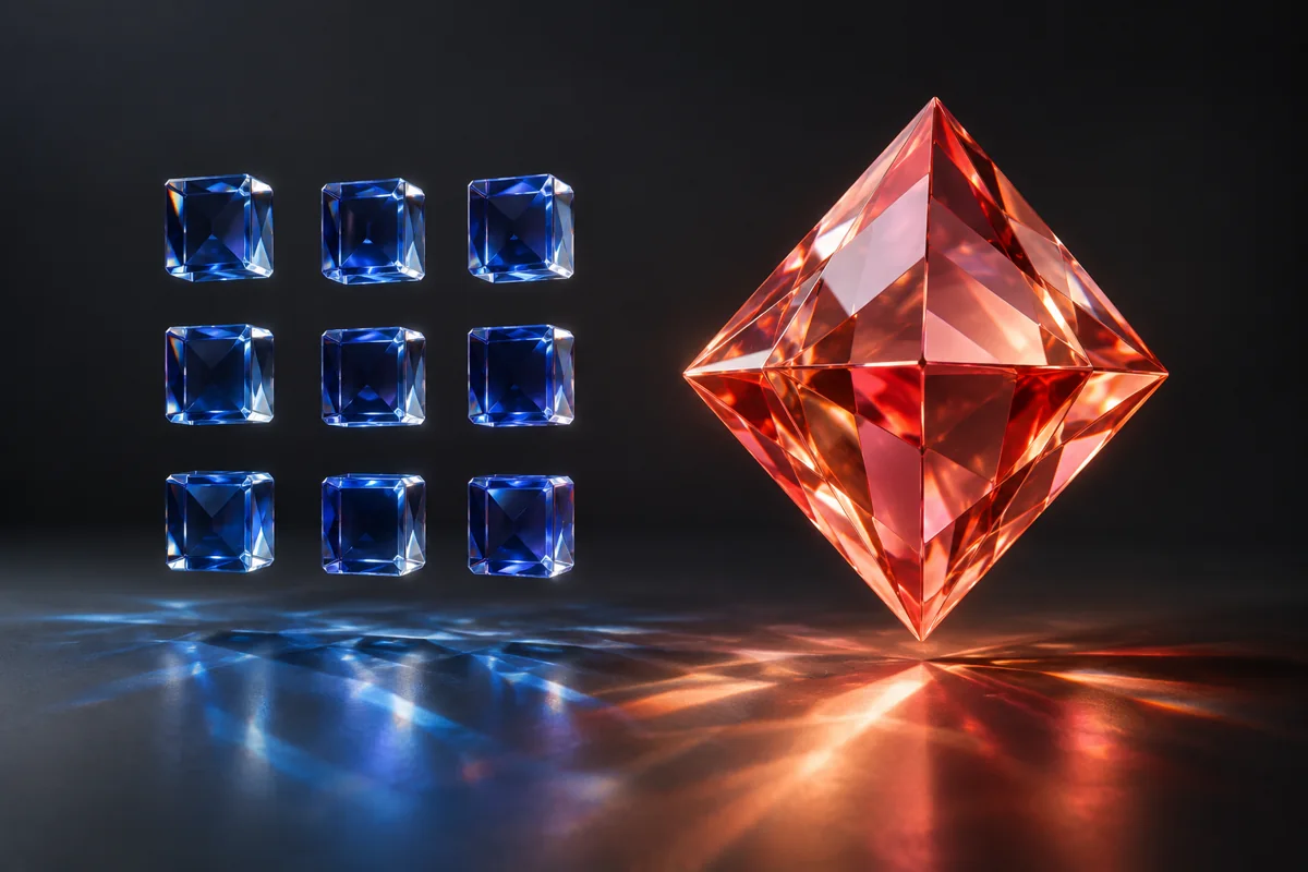 Ni blå glasskuber og en korallfarget diamantform.