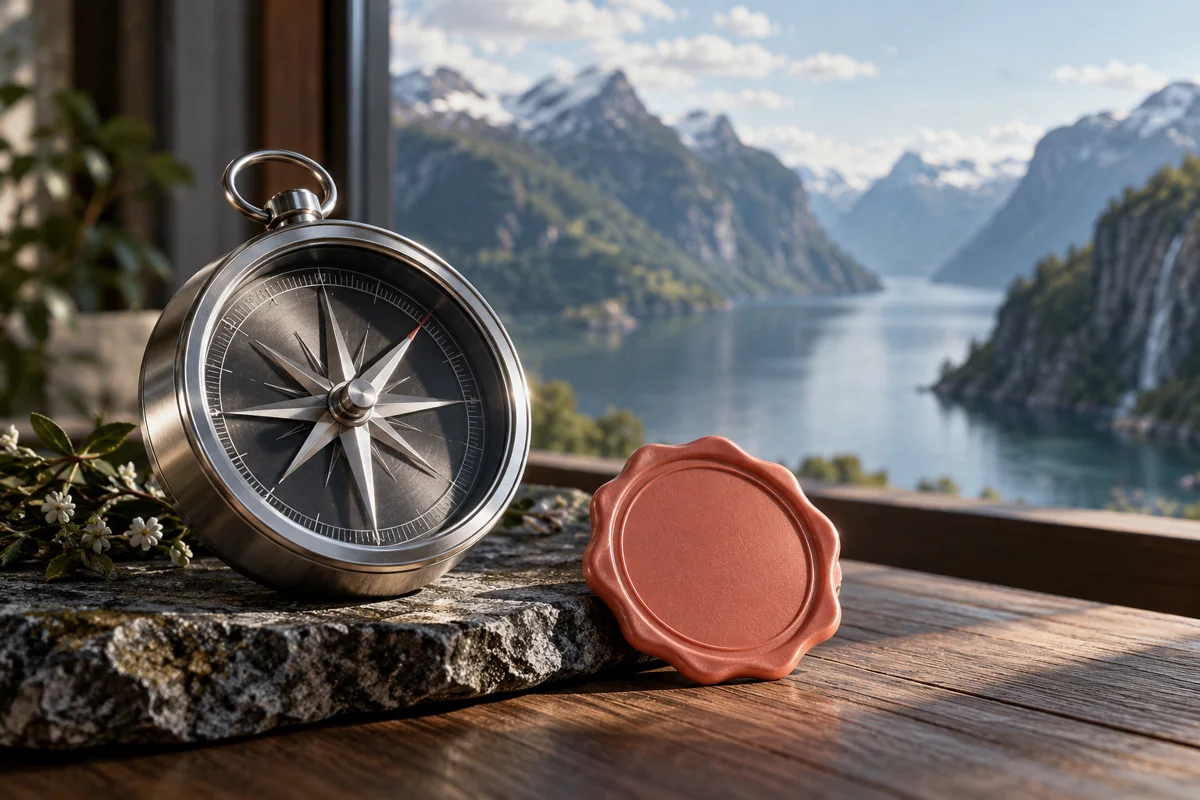 Kompass og dokumentsegl med fjordlandskap i bakgrunnen.