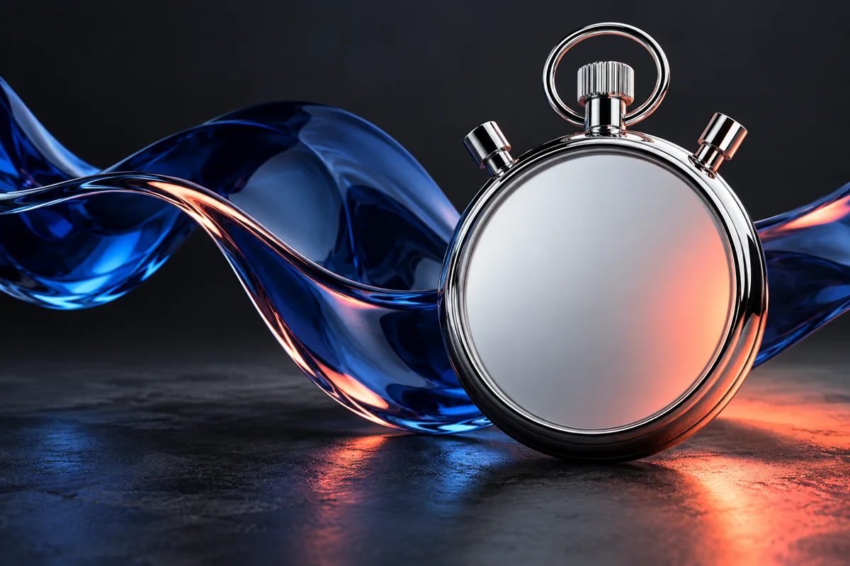 Stoppeklokke og blå glassform som bilde på tidsmåling.
