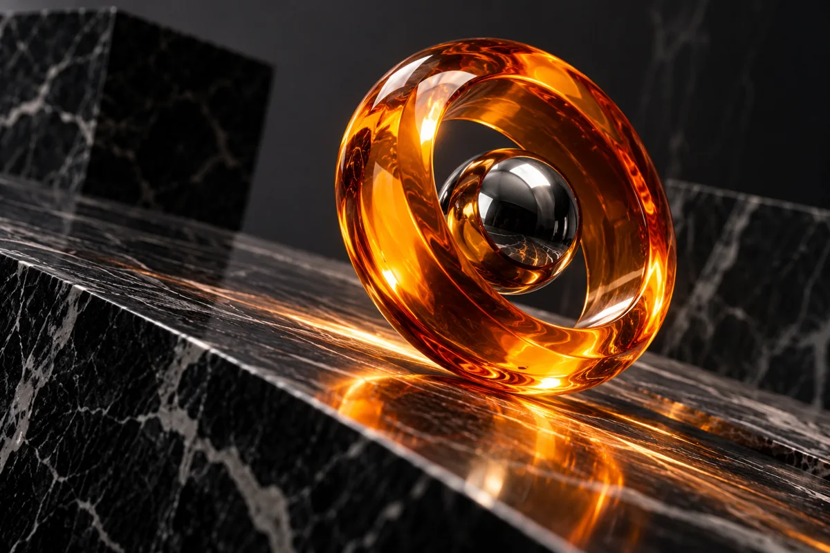 Oransje glassring og metallkule på mørk marmor.